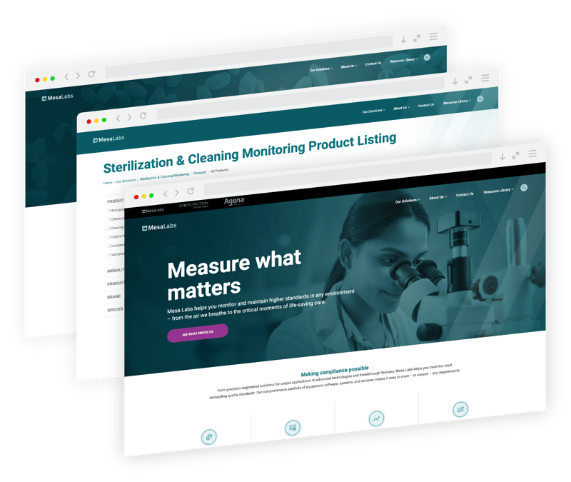 Website redesign mockup for a sterilization and cleaning monitoring platform featuring laboratory research imagery and product management dashboards.